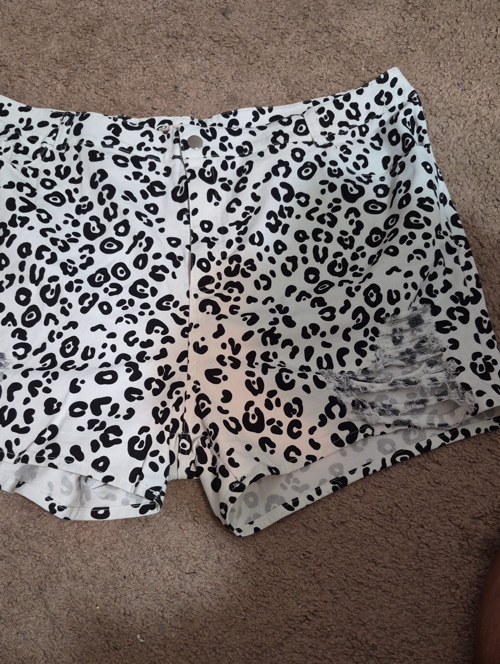 High-Rise White & Black Leopard Print Distressed Jean Shorts